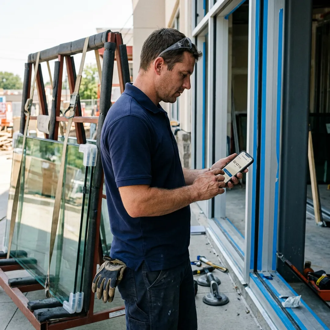 Glass technician tracking hours on mobile app