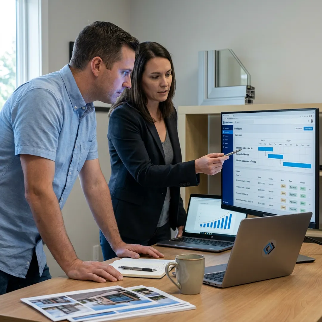 Glass shop team using management software