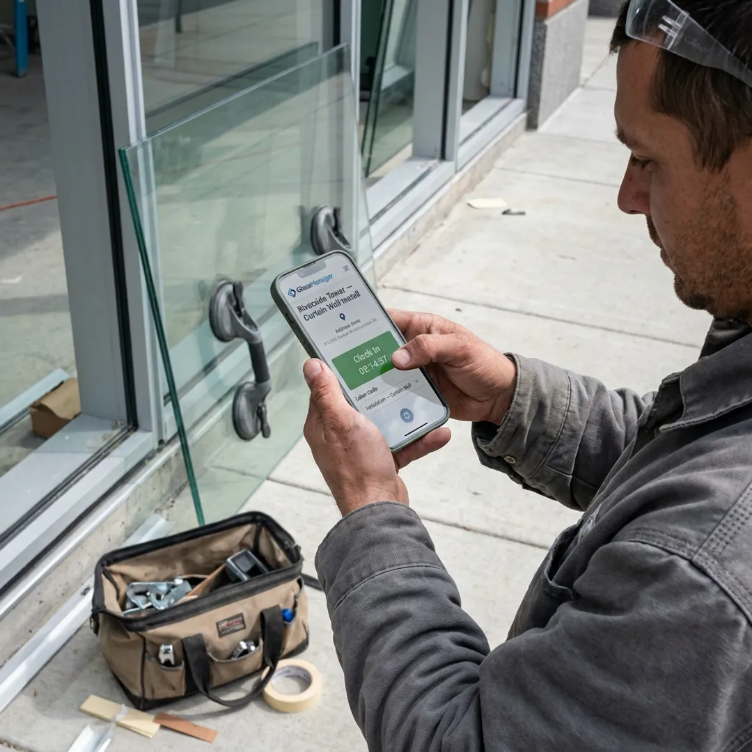 Technician using mobile timesheet on job site