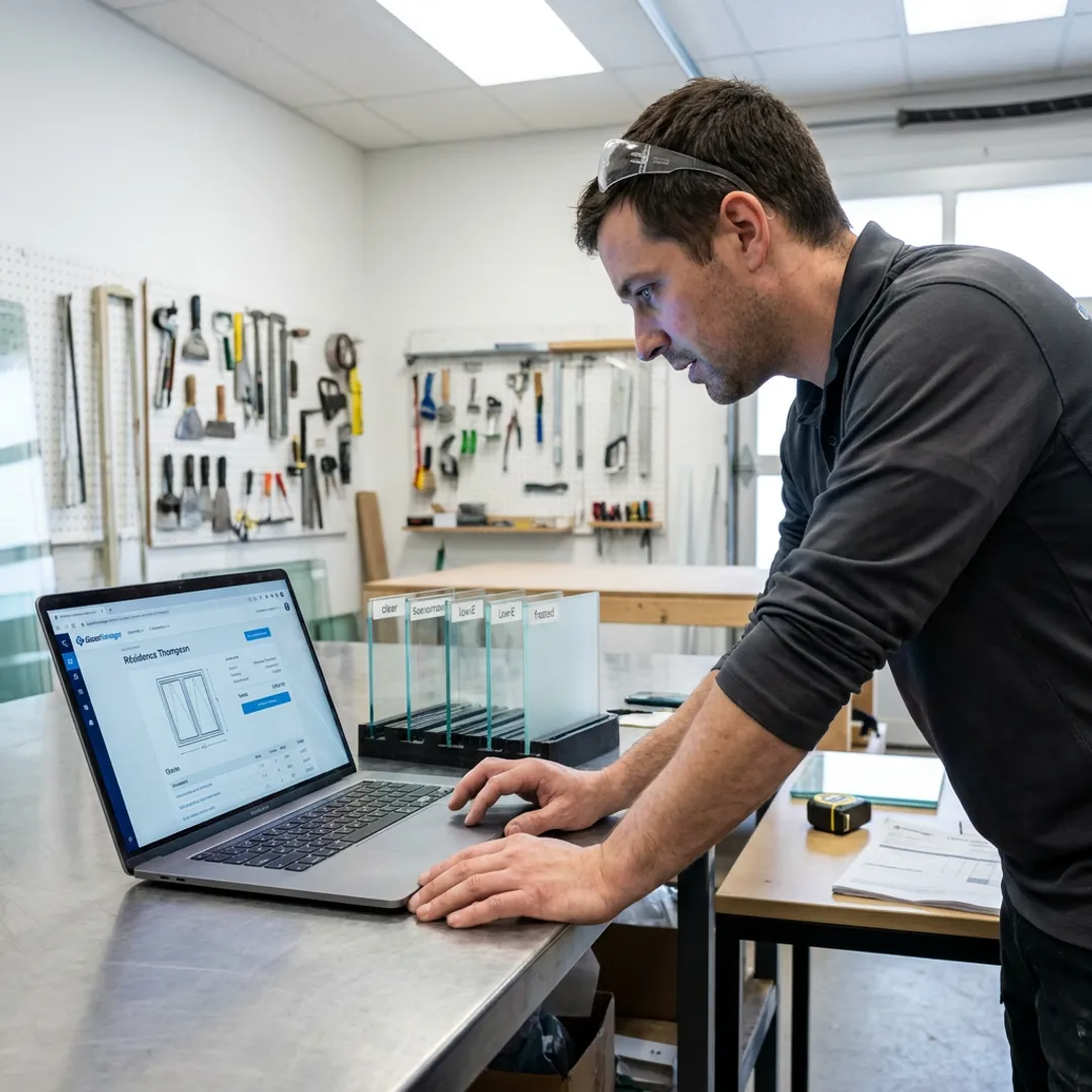 Glazier using quoting software in a glass shop