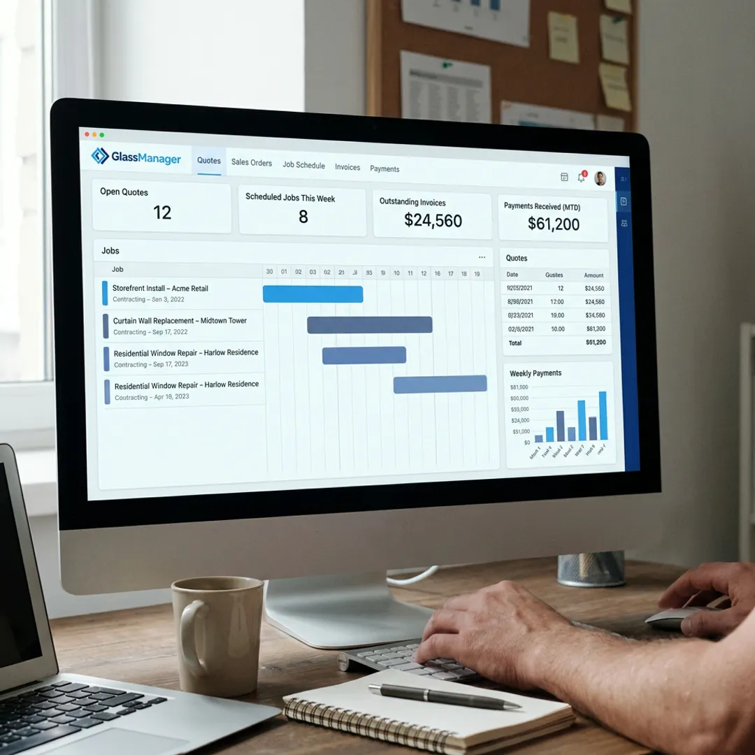 Sales order management software dashboard for glass businesses