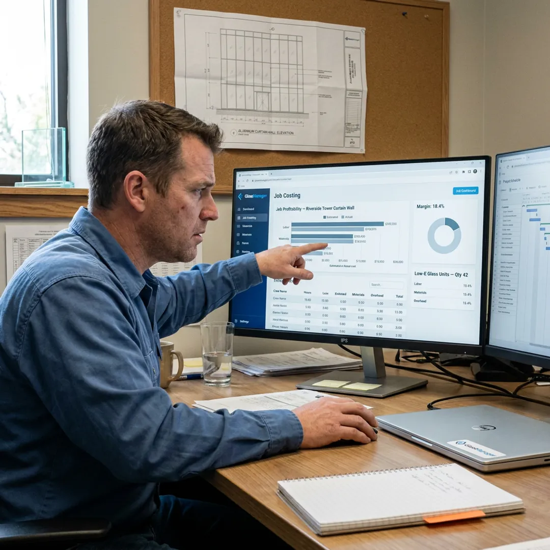 Construction software dashboard tracking time and materials