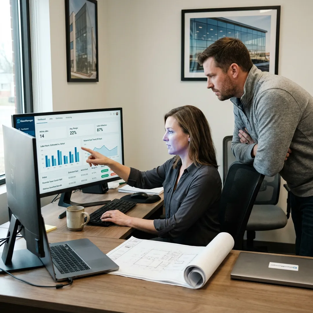 Construction team reviewing job cost dashboard