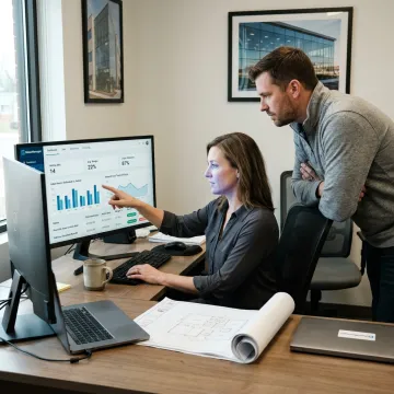 Construction team reviewing job cost dashboard