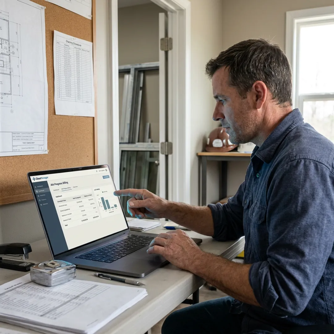 Glass contractor reviewing contract software dashboard