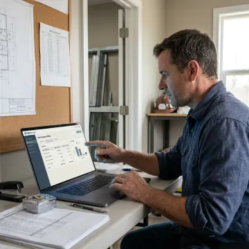 Glass contractor reviewing contract software dashboard