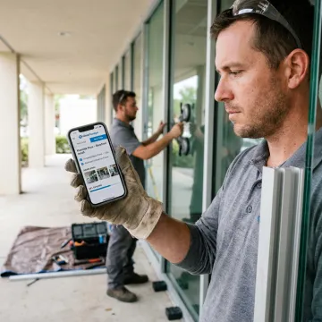 Glass technician using field service mobile app