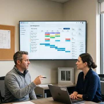 Glass contractor team using business management software