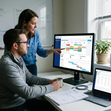 Glass business team managing jobs in software