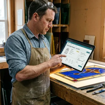 Glazier using software to manage stained glass project
