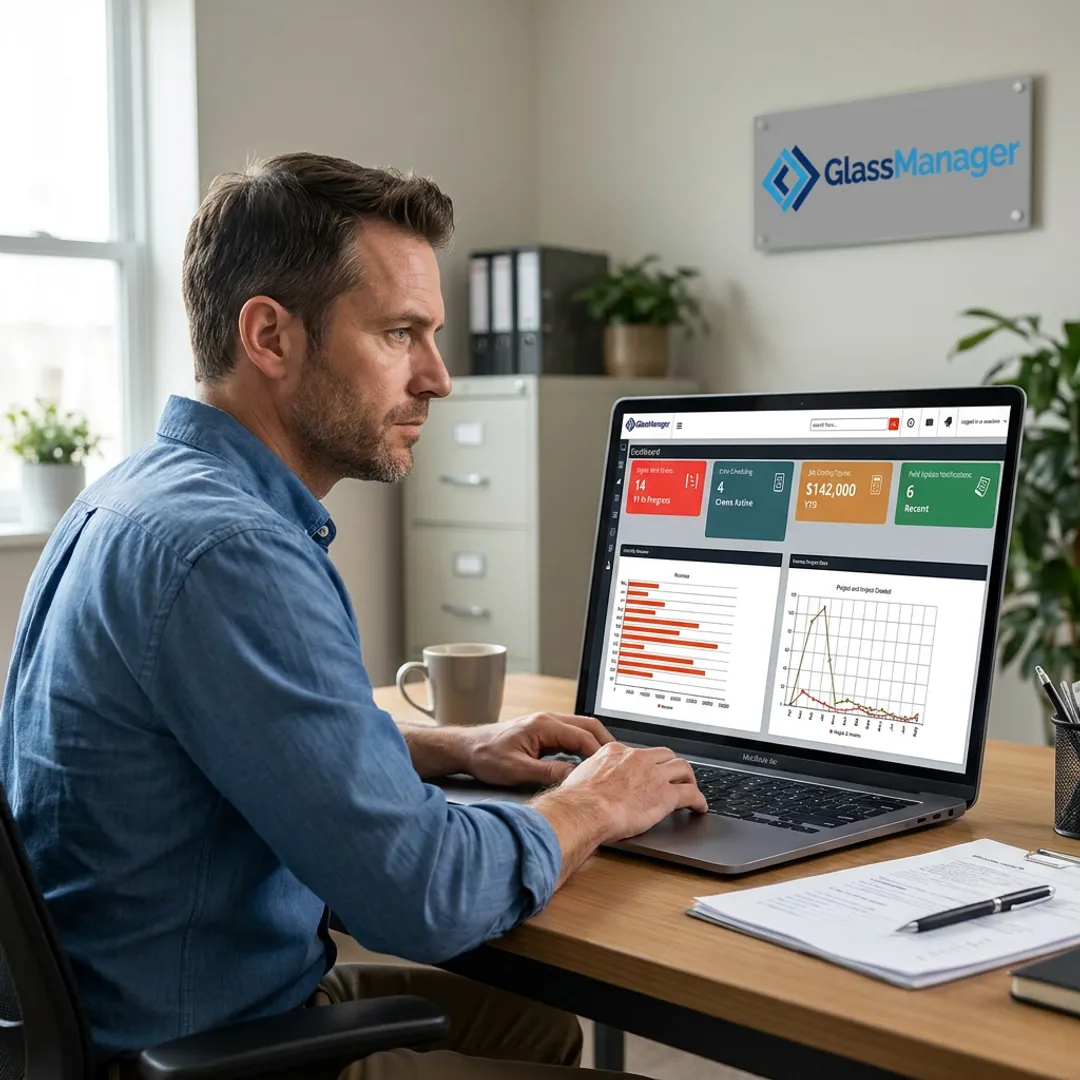 Glazier managing job work orders on a laptop