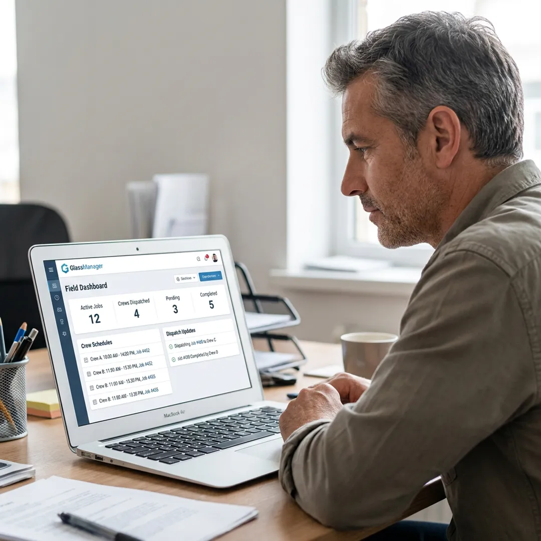 Glass contractor reviewing field service reports on a laptop