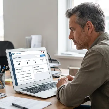 Glass contractor reviewing field service reports on a laptop