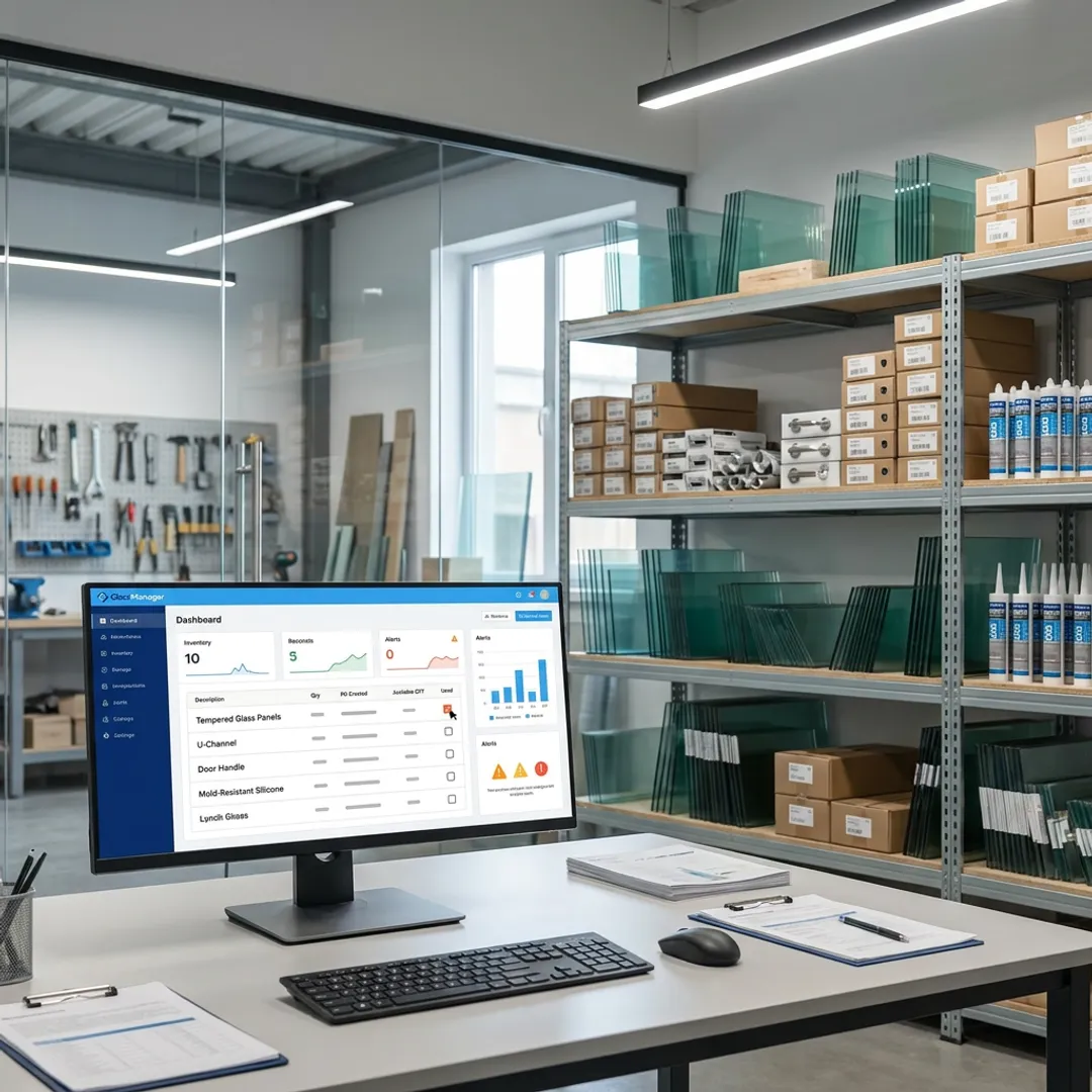 Glass inventory software dashboard in a glazing shop