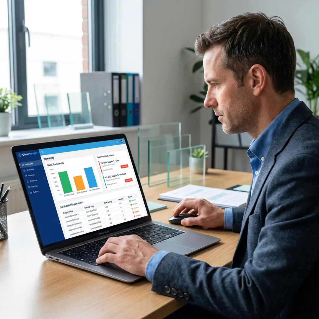 Manager reviewing glass inventory dashboard