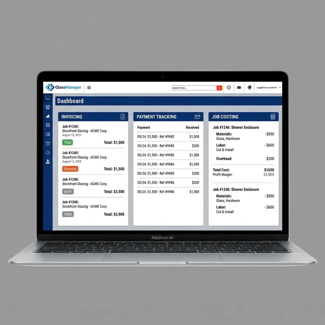 Accounting software dashboard for glass business