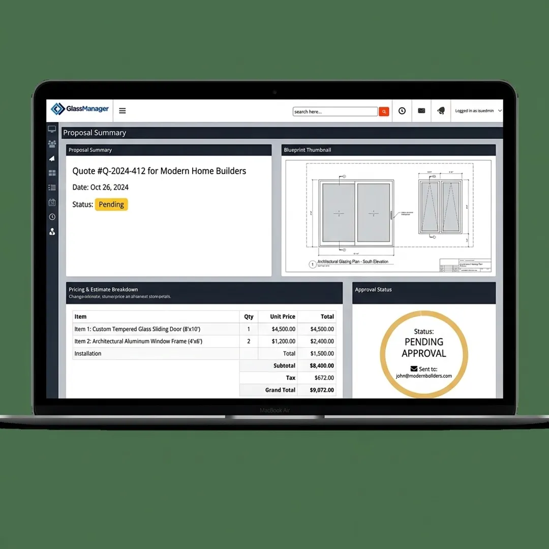 Glass quoting software proposal dashboard
