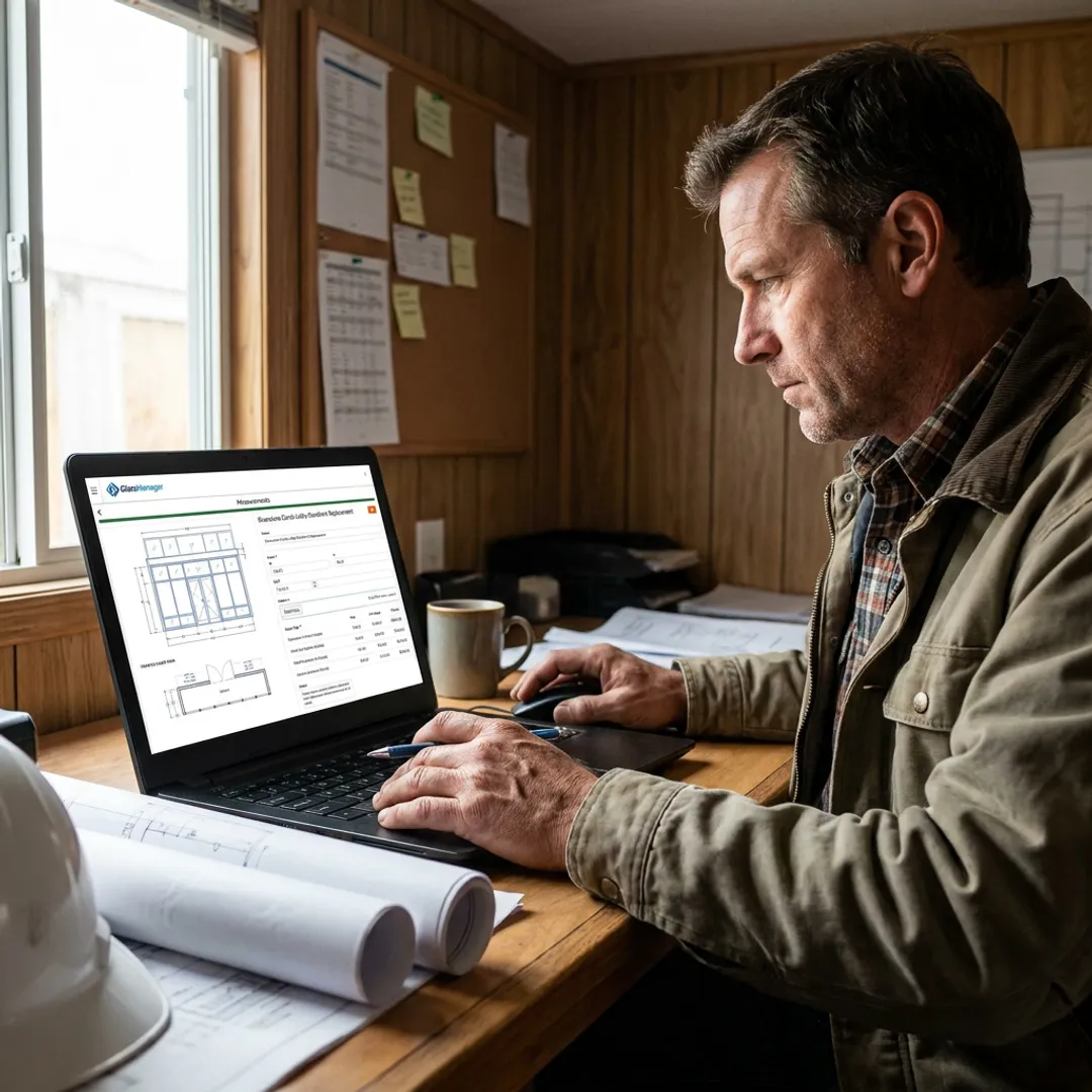 Estimator reviewing digital blueprints and takeoff details
