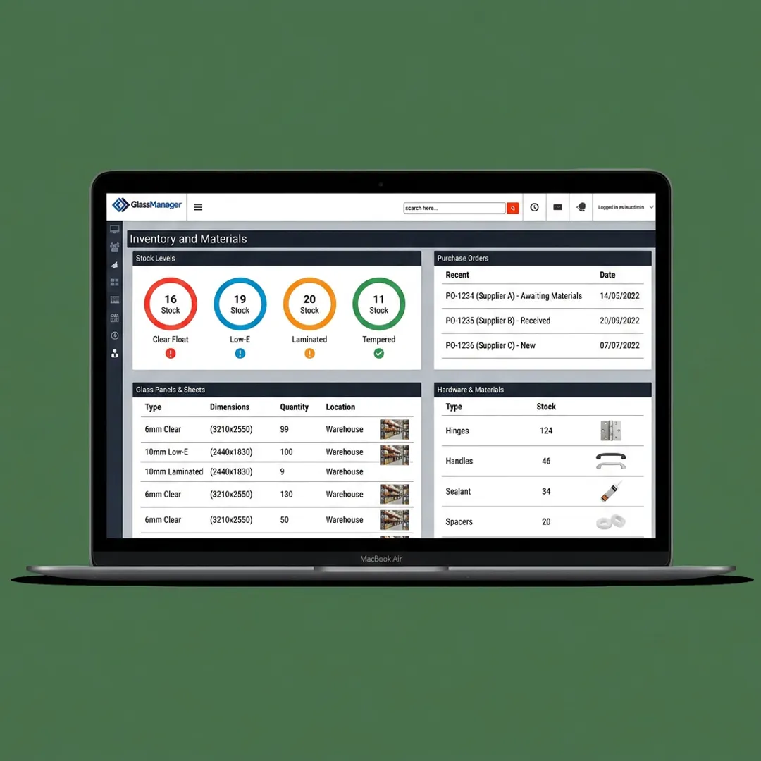 Inventory management software dashboard for a glass shop