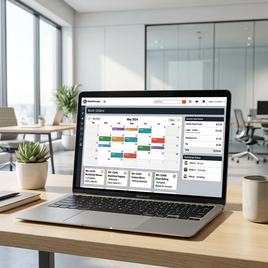 Glass work order dashboard on a laptop