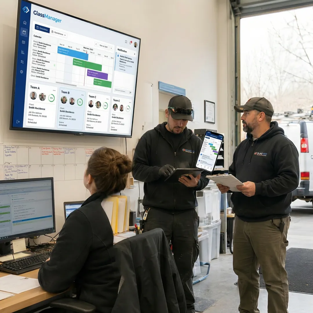 Field scheduling software dashboard for glass crews