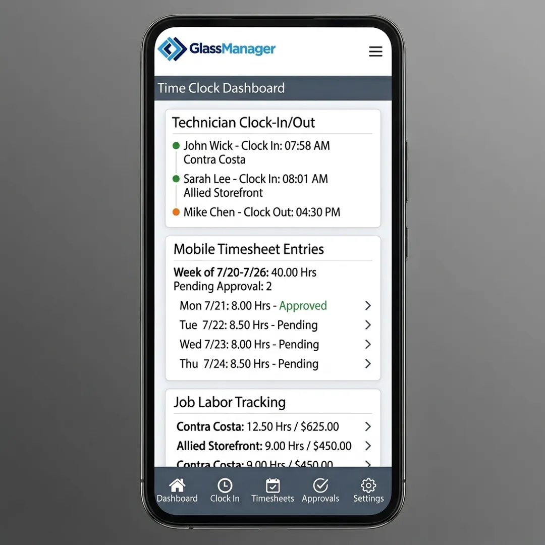 Time clock software dashboard for glass technicians