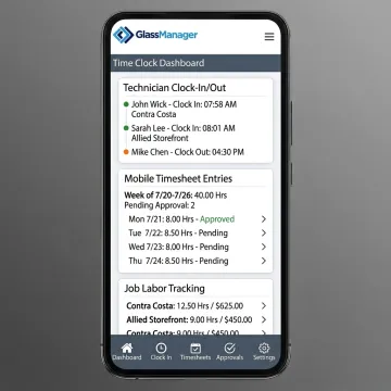 Time clock software dashboard for glass technicians