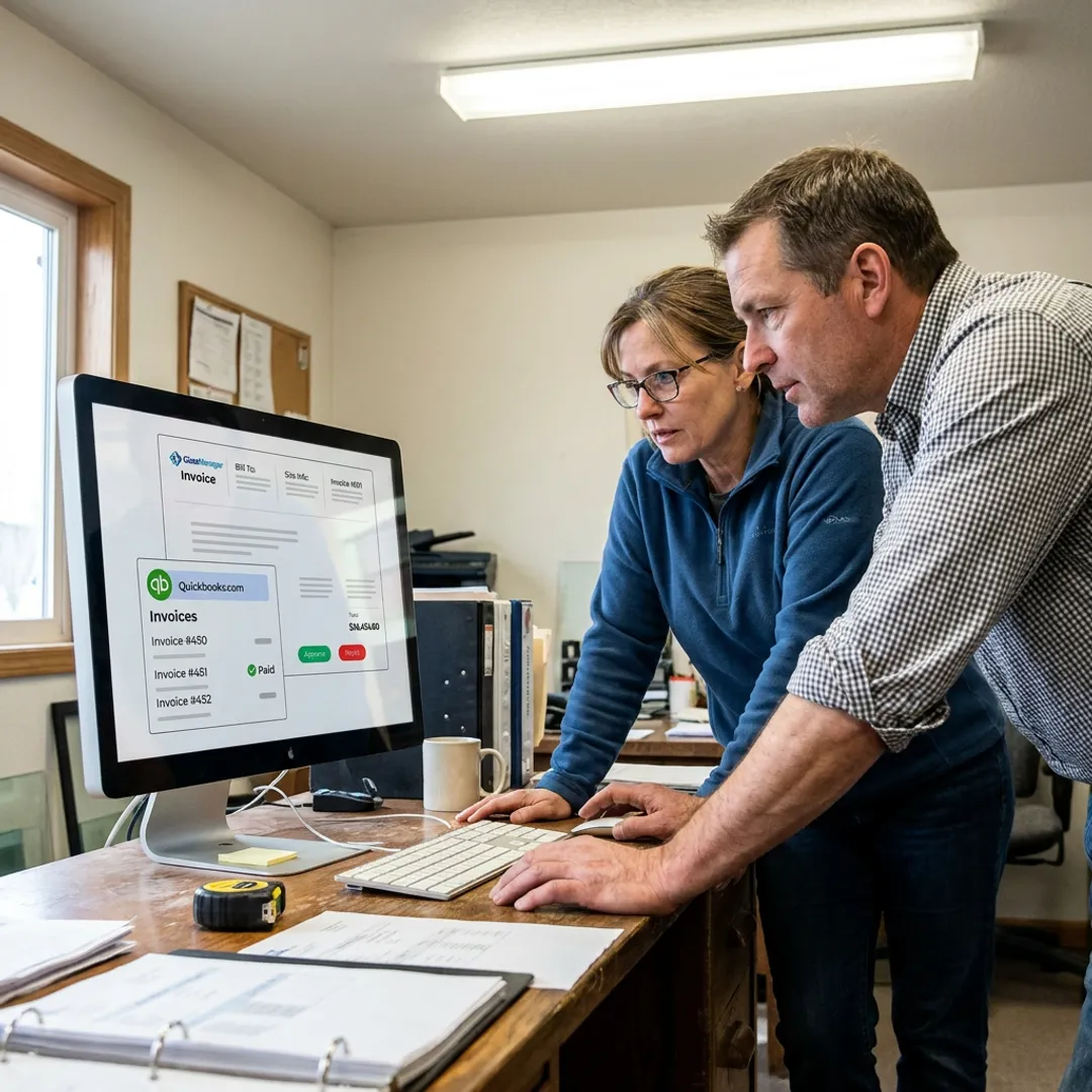 Glass shop team reviewing job costs and invoices