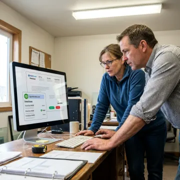 Glass shop team reviewing job costs and invoices