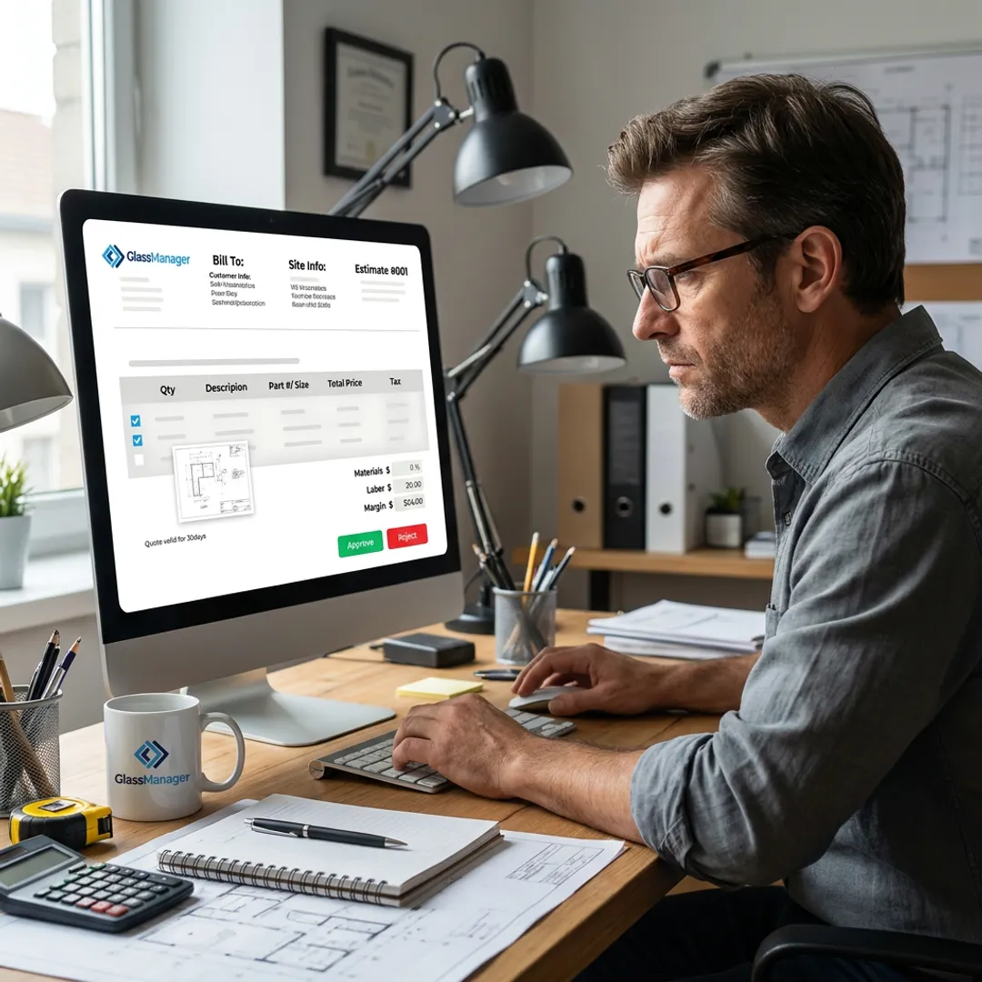 Estimator reviewing a digital glass quote
