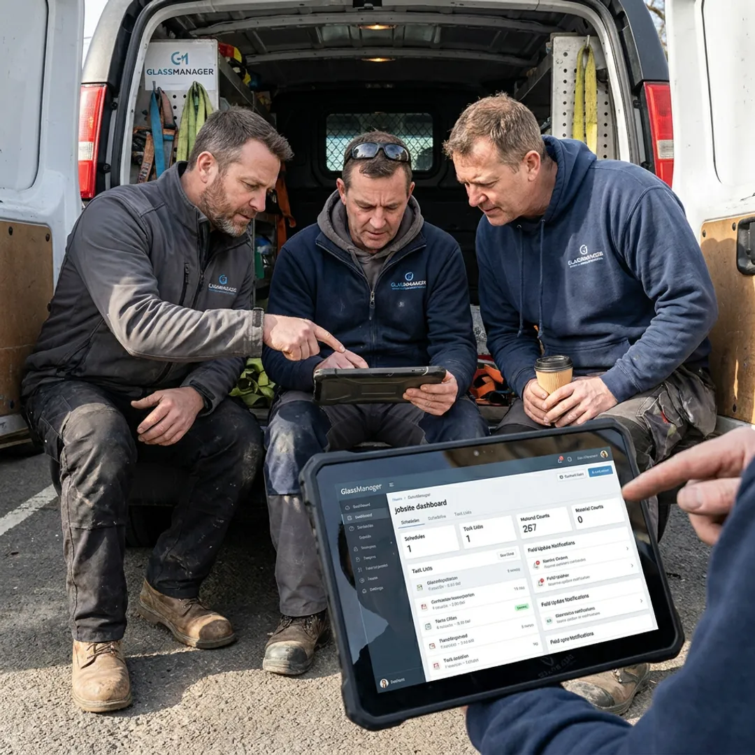 Glazing team reviewing jobsite management dashboard