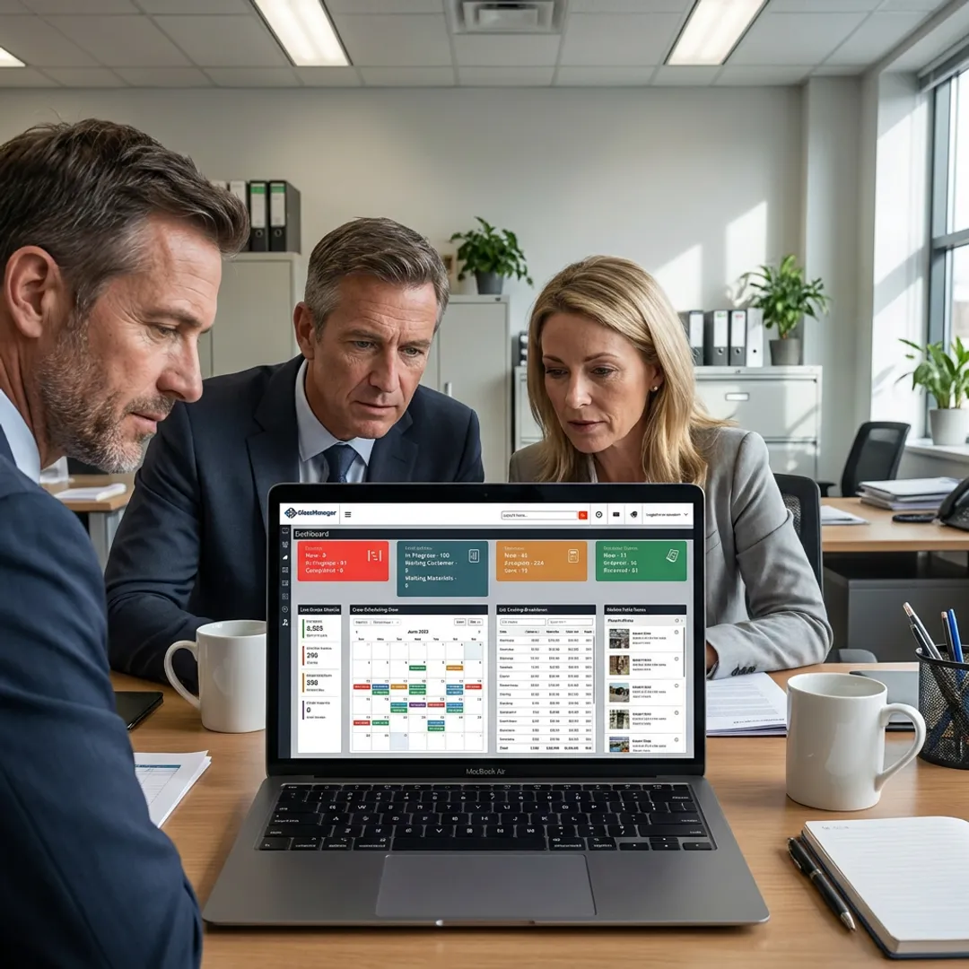 Team reviewing project status dashboard