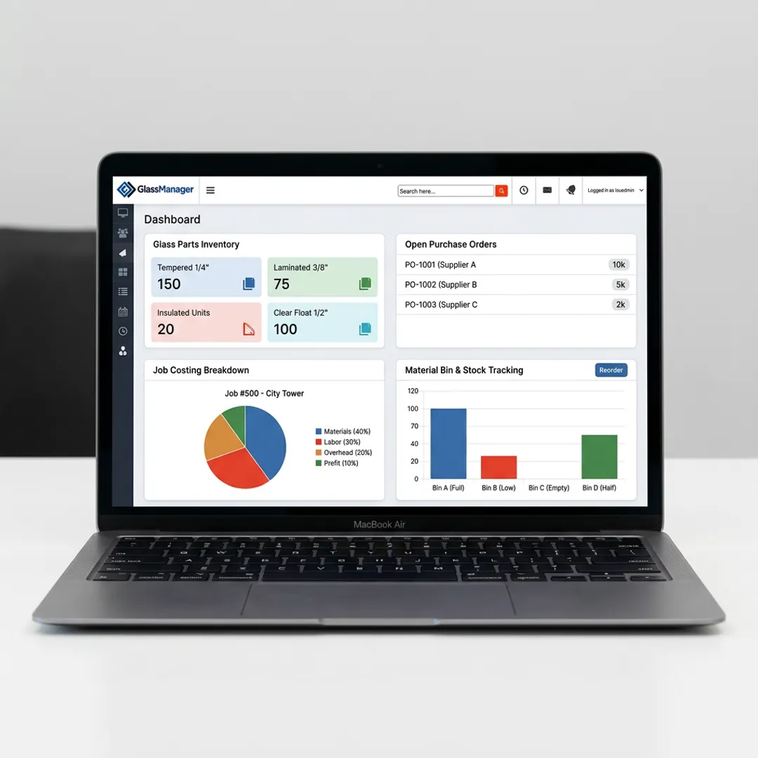 Inventory software dashboard for glass parts