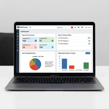 Inventory software dashboard for glass parts