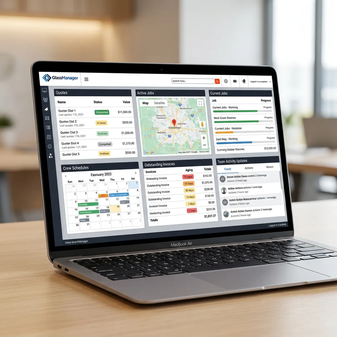 GlassManager dashboard on a laptop