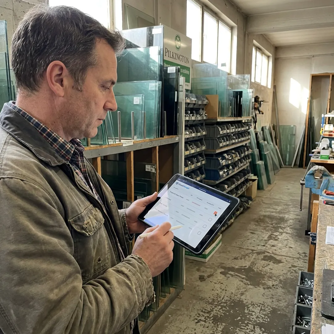 Glass shop manager reviewing inventory dashboard