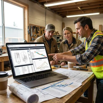 Commercial glazing team reviewing software dashboard