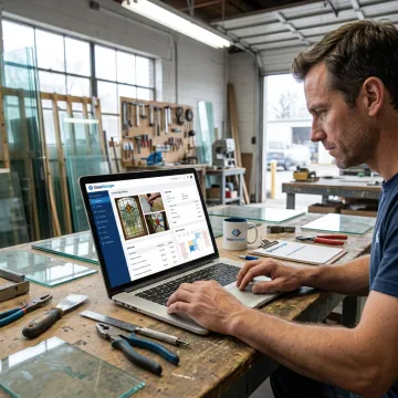 Glazier reviewing stained glass repair job in software