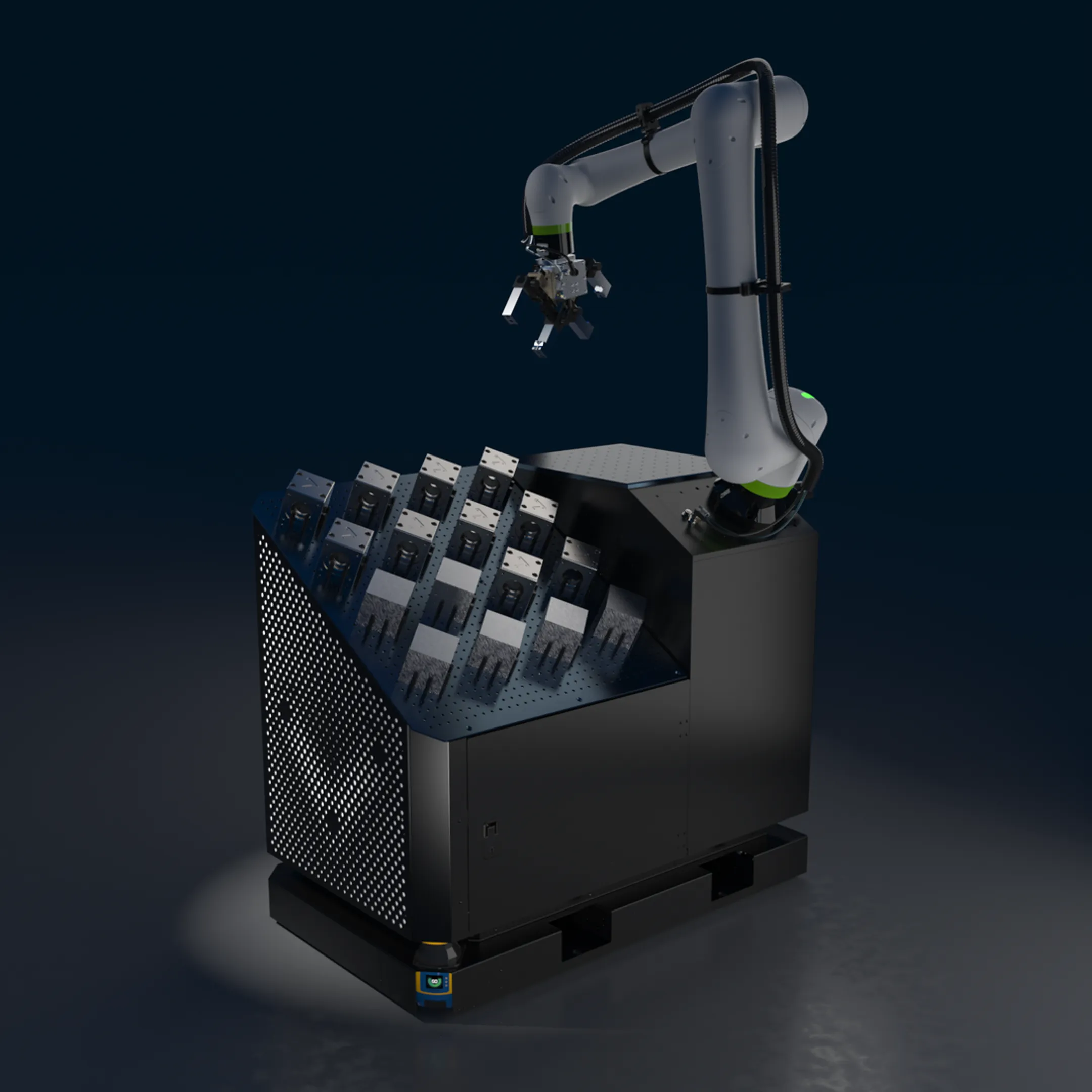 Engineer reviewing a robotic CNC tending cell