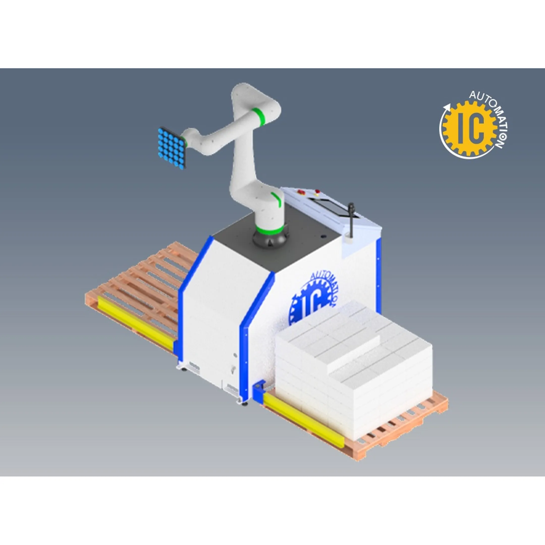 Engineer reviewing a robotic palletizing cell