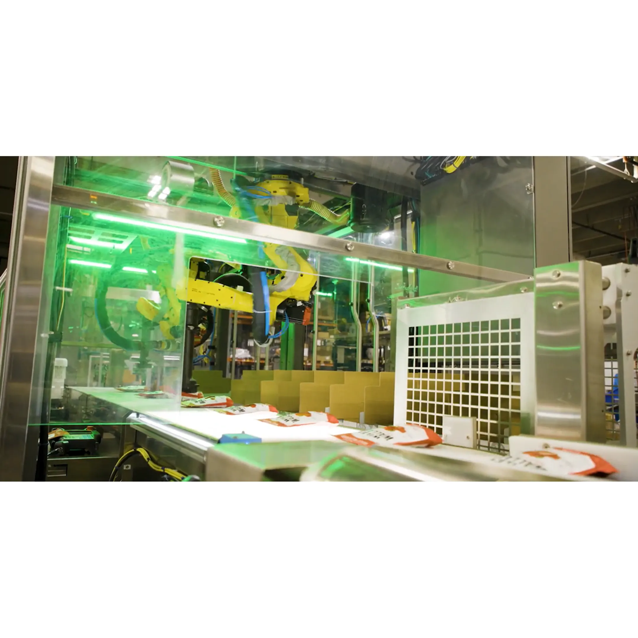 Engineers reviewing a robotic packaging cell
