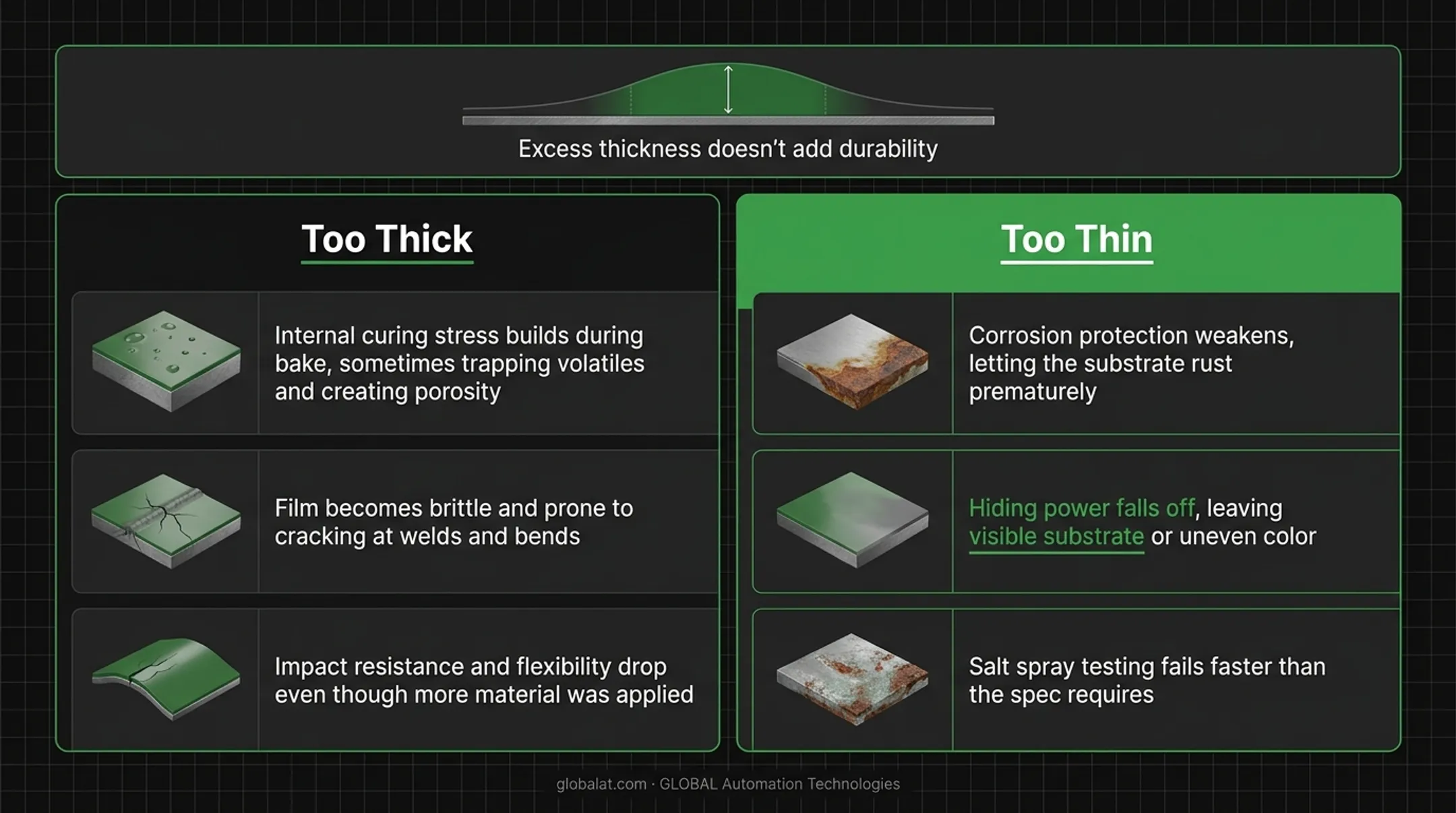 Too thick versus too thin powder coating defects side-by-side comparison