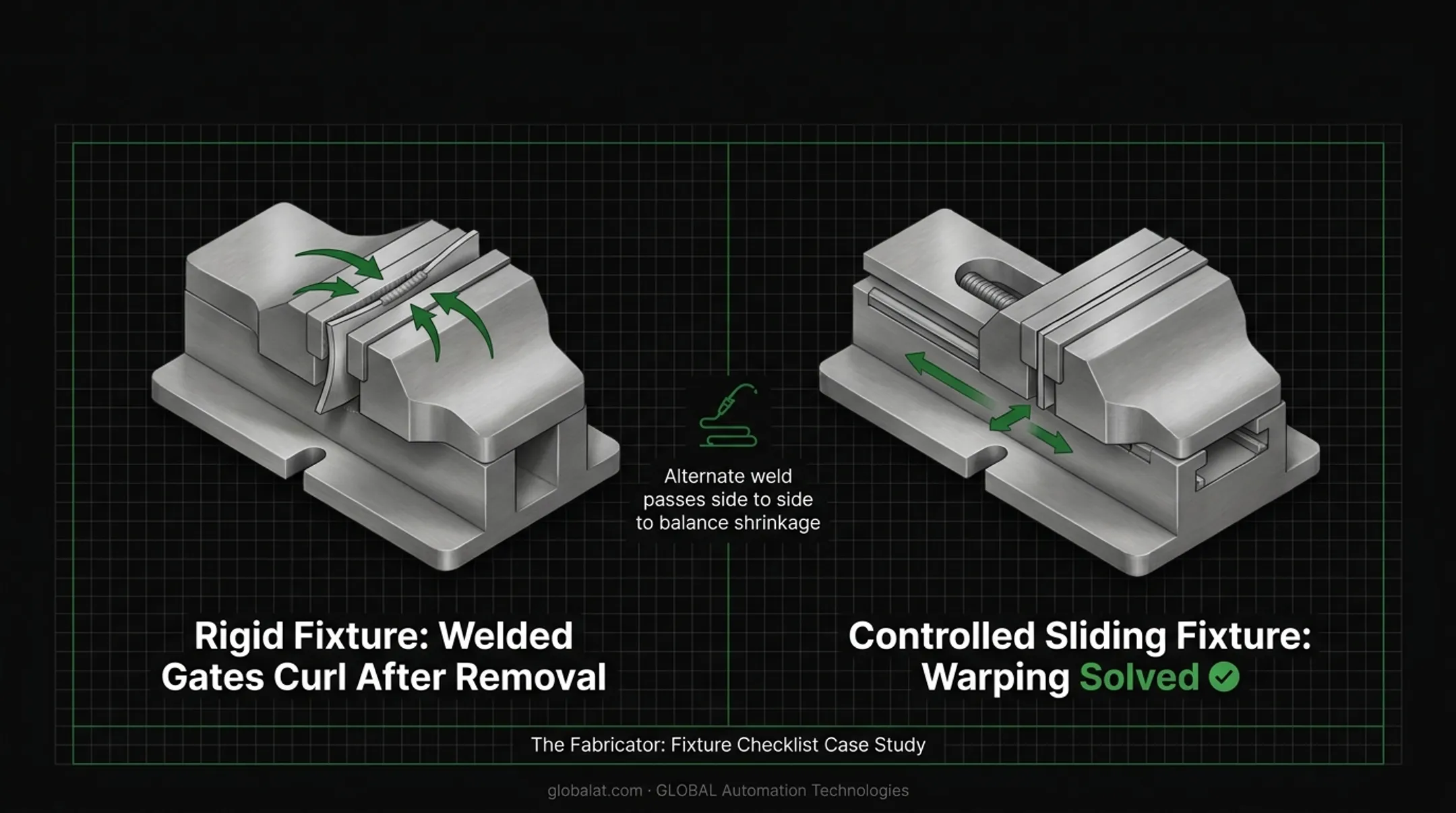 Metal fixture clamp showing thermal distortion and warping on welded part