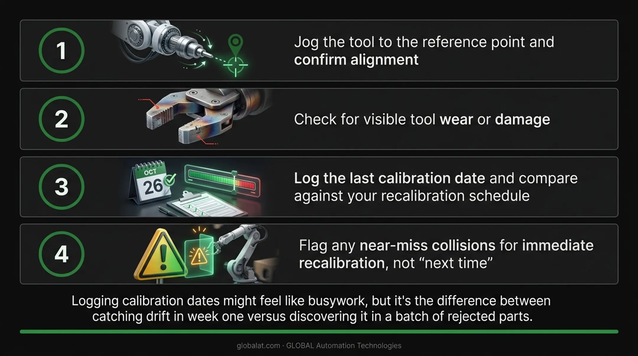 Pre-shift TCP verification checklist for robotic calibration drift