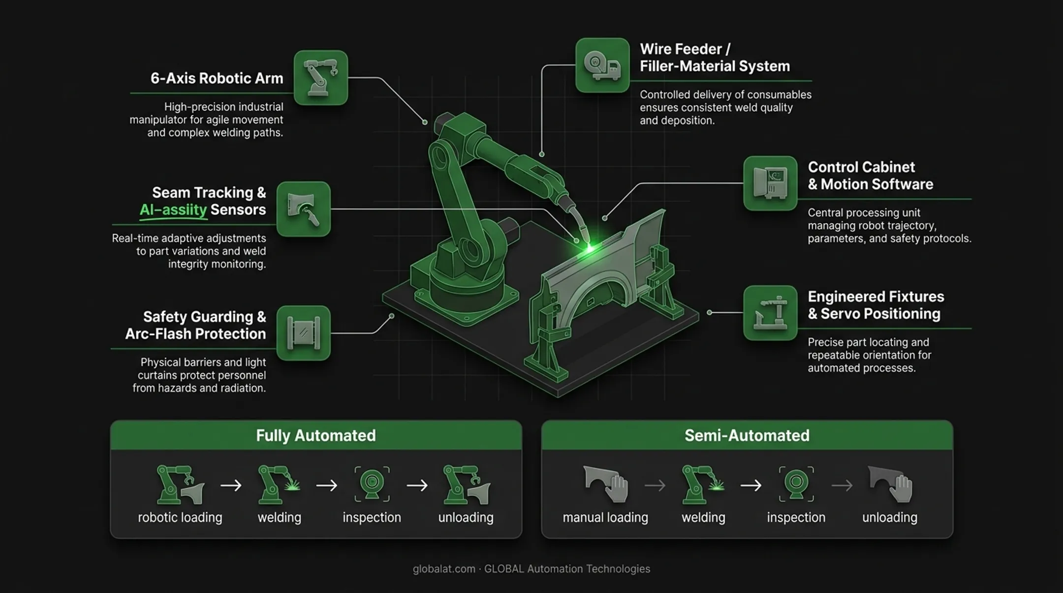 Robotic welding system components diagram showing six key elements from robotic arm to safety guarding