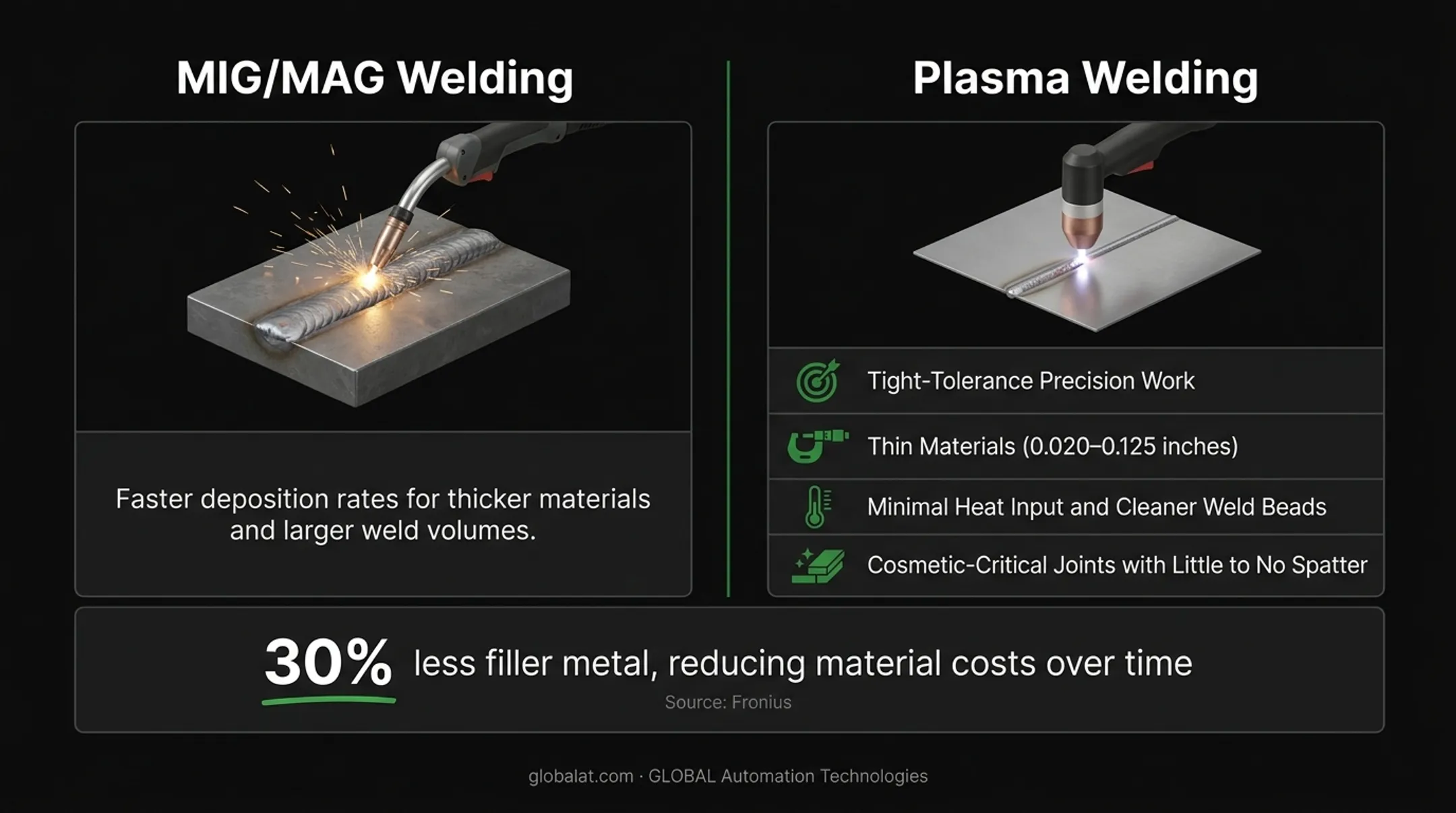 Plasma welding versus TIG and MIG welding side-by-side comparison chart