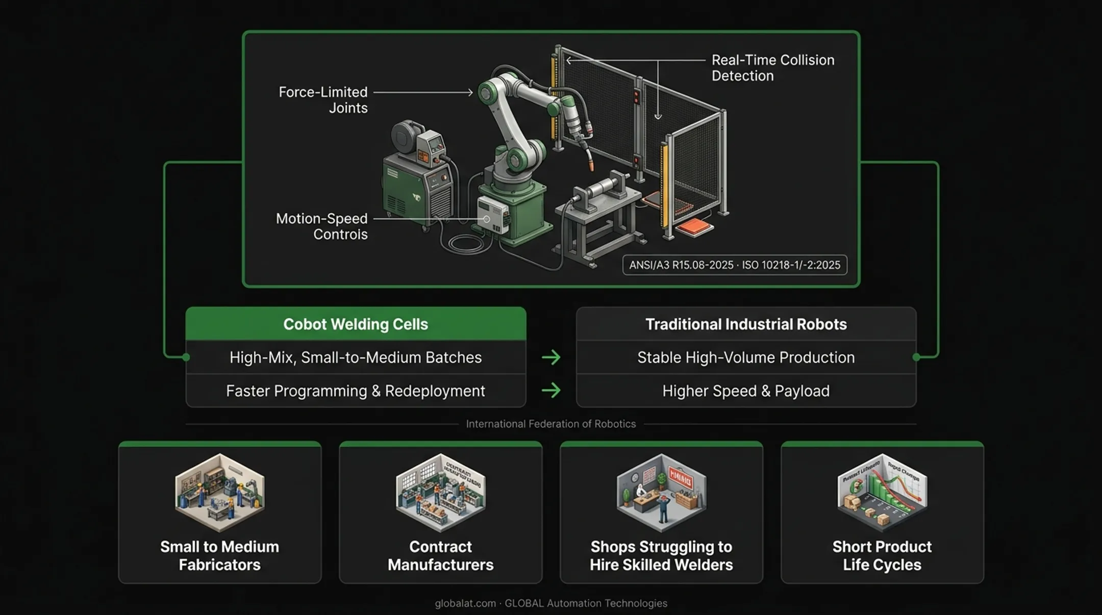Cobot welding cell target user profiles showing four fabricator types and ideal applications