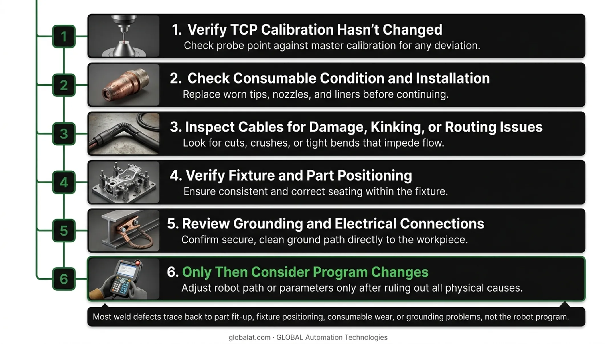 Six-step robotic welding troubleshooting flowchart from TCP verification to program changes