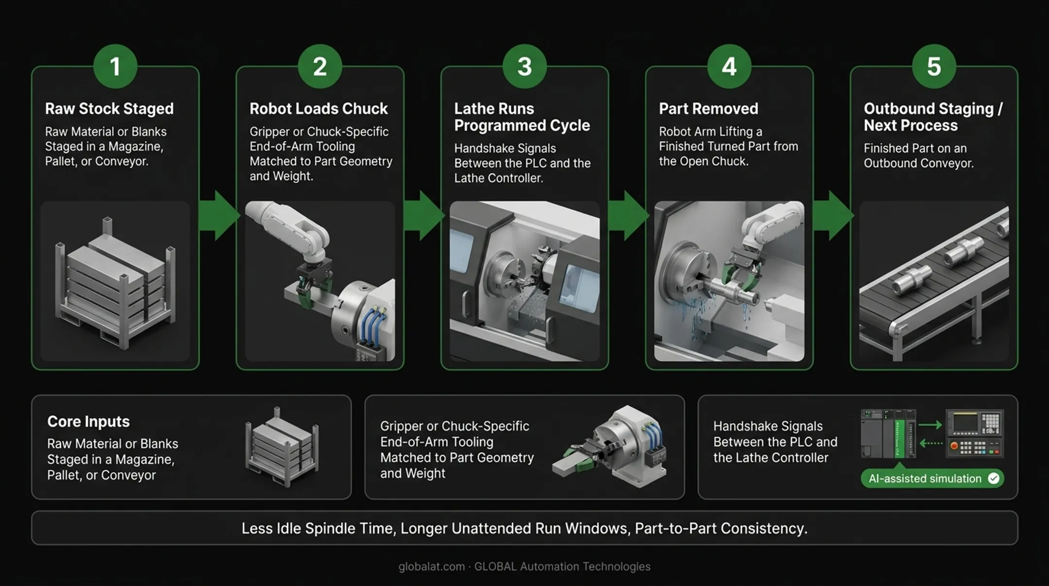 CNC lathe automation cycle stage pick load machine unload infographic