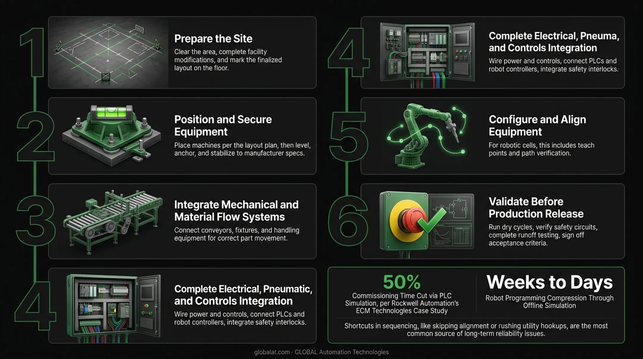 6-step production line installation process from site prep to validation